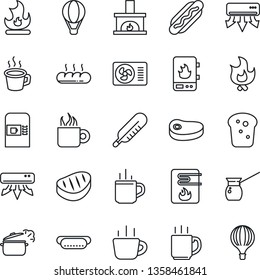 Thin Line Icon Set - hot cup vector, coffee machine, fire, thermometer, fireplace, air conditioner, bread, steak, dog, steaming pan, turkish, water heater, balloon