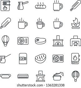 Thin Line Icon Set - hot cup vector, coffee machine, fire, fireplace, thermometer, air conditioner, bread, steak, dog, steaming pan, turkish, water heater, balloon