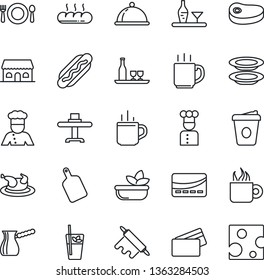 Thin Line Icon Set - hot cup vector, coffee, cook, dish, alcohol, restaurant table, cafe, phyto bar, salad, plates, bread, building, credit card, chicken, steak, dog, rolling pin, cutting board