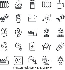 Thin Line Icon Set - hot cup vector, fire, battery, torch, brightness, sun panel, factory, home control, eco house, socket, power plug, radiator, bulb, energy saving, windmill, idea