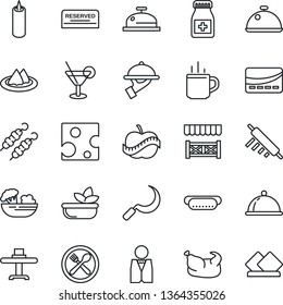 Thin Line Icon Set - hot cup vector, sickle, pills bottle, diet, waiter, dish, restaurant table, serviette, cafe, reserved, reception, cocktail, salad, candle, alcove, credit card, chicken, kebab