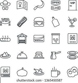 Thin Line Icon Set - hot cup vector, sickle, pumpkin, seeds, dish, serviette, wine card, menu, cocktail, plates, bacon, bread, cafe building, vip zone, dress code, open close, alcove, credit
