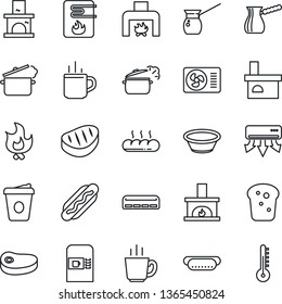 Thin Line Icon Set - hot cup vector, coffee machine, fire, fireplace, air conditioner, bread, steak, dog, bowl, steaming pan, turkish, water heater, thermometer