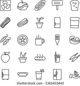 Thin Line Icon Set - hot cup vector, seedling, plant label, diet, fridge, drink, phyto bar, salad, bacon, bread, kebab, dog, apple fruit, fan, palm sproute