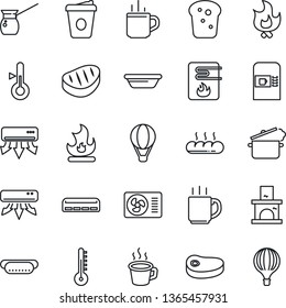 Thin Line Icon Set - hot cup vector, coffee machine, fire, fireplace, air conditioner, bread, steak, dog, bowl, steaming pan, turkish, water heater, thermometer, balloon