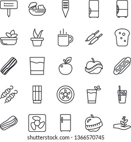 Thin Line Icon Set - hot cup vector, seedling, plant label, diet, fridge, drink, phyto bar, salad, bacon, bread, kebab, dog, apple fruit, fan, palm sproute