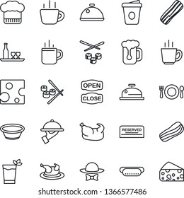 Thin Line Icon Set - hot cup vector, coffee, dish, alcohol, cafe, cook hat, reserved, reception, phyto bar, beer, bacon, waiter, dress code, open close, chicken, dog, bowl, sushi, cheese