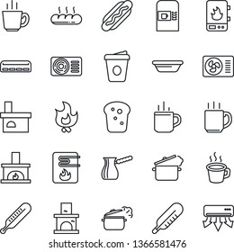 Thin Line Icon Set - hot cup vector, coffee machine, fire, fireplace, thermometer, air conditioner, bread, dog, bowl, steaming pan, turkish, water heater