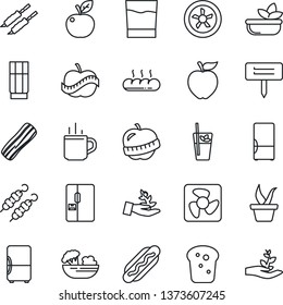 Thin Line Icon Set - hot cup vector, seedling, plant label, diet, fridge, drink, phyto bar, salad, bacon, bread, kebab, dog, apple fruit, fan, palm sproute