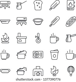 Thin Line Icon Set - hot cup vector, coffee, fire, fireplace, thermometer, air conditioner, bread, dog, bowl, steaming pan, turkish, water heater, balloon