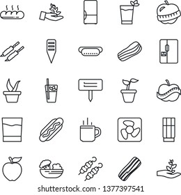 Thin Line Icon Set - hot cup vector, seedling, plant label, diet, fridge, drink, phyto bar, salad, bacon, bread, kebab, dog, apple fruit, fan, palm sproute