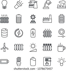 Thin Line Icon Set - hot cup vector, bulb, factory, oil barrel, battery, torch, brightness, charge, desk lamp, heater, water, radiator, energy saving, sun panel, windmill, idea