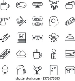 Thin Line Icon Set - hot cup vector, cafe, waiter, menu, reserved, reception, cocktail, coffee, beer, bacon, egg stand, vip zone, dress code, open close, credit card, steak, kebab, dog, steaming pan