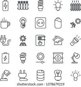Thin Line Icon Set - hot cup vector, bulb, oil barrel, torch, brightness, battery, charge, desk lamp, heater, eco house, socket, power plug, water, radiator, energy saving, sun panel, idea