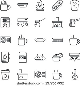 Thin Line Icon Set - hot cup vector, coffee machine, fire, fireplace, air conditioner, bread, dog, bowl, steaming pan, turkish, water heater, thermometer
