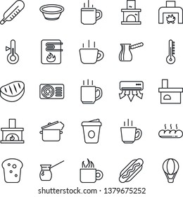 Thin Line Icon Set - hot cup vector, coffee, fireplace, thermometer, air conditioner, bread, steak, dog, bowl, steaming pan, turkish, water heater, balloon
