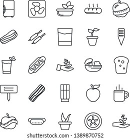 Thin Line Icon Set - hot cup vector, seedling, plant label, diet, drink, phyto bar, salad, bacon, bread, kebab, dog, apple fruit, fan, fridge, palm sproute