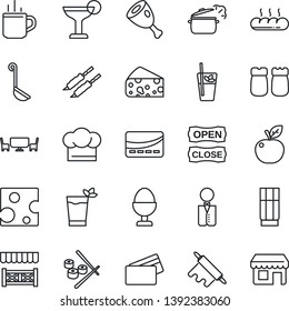 Thin Line Icon Set - hot cup vector, waiter, cook hat, drink, cocktail, phyto bar, egg stand, salt and pepper, bread, cafe table, open close, alcove, credit card, kebab, ham, ladle, rolling pin