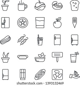 Thin Line Icon Set - hot cup vector, seedling, plant label, diet, fridge, drink, phyto bar, salad, bacon, bread, kebab, dog, apple fruit, fan, palm sproute