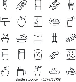 Thin Line Icon Set - hot cup vector, seedling, plant label, fridge, drink, phyto bar, salad, bacon, bread, kebab, dog, apple fruit, fan, palm sproute