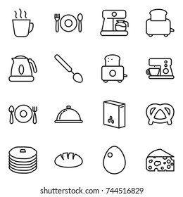 thin line icon set : hot drink, cafe, coffee maker, toaster, kettle, big spoon, fork plate, meal cap, cereals, pretzel, pancakes, bread, egg, cheese