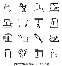 thin line icon set : hot drink, cocktail, water tap, coffee maker, kettle, cup, corkscrew, turk, blender, bank, seeds, barrel, wine