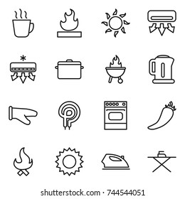 thin line icon set : hot drink, flammable, sun, air conditioning, pan, bbq, kettle, cook glove, elecric oven, pepper, fire, iron, board