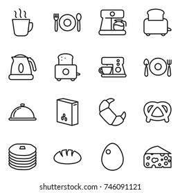 thin line icon set : hot drink, cafe, coffee maker, toaster, kettle, fork spoon plate, meal cap, cereals, croissant, pretzel, pancakes, bread, egg, cheese