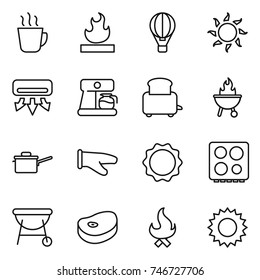 thin line icon set : hot drink, flammable, air ballon, sun, conditioning, coffee maker, toaster, bbq, saute pan, cook glove, induction oven, hob, steake, fire