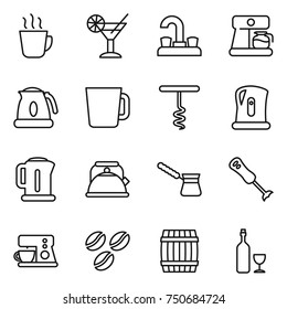 thin line icon set : hot drink, cocktail, water tap, coffee maker, kettle, cup, corkscrew, turk, blender, seeds, barrel, wine