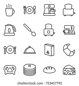 thin line icon set : hot drink, cafe, coffee maker, toaster, kettle, big spoon, fork plate, meal cap, cereals, croissant, pretzel, pancakes, bread, cheese