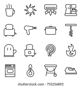 thin line icon set : hot drink, sun, air conditioning, coffee maker, toaster, hair dryer, pan, corkscrew, cook glove, elecric oven, fire, thermometer, bbq, iron