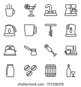 Thin line icon set : hot drink, cocktail, water tap, coffee maker, kettle, cup, corkscrew, turk, blender, bank, seeds, barrel, wine