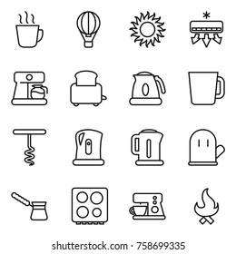 Thin line icon set : hot drink, air ballon, sun, conditioning, coffee maker, toaster, kettle, cup, corkscrew, cook glove, turk, hob, fire