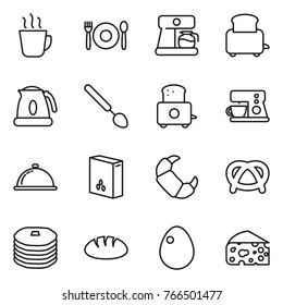 Thin line icon set : hot drink, cafe, coffee maker, toaster, kettle, big spoon, meal cap, cereals, croissant, pretzel, pancakes, bread, egg, cheese
