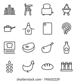 thin line icon set : hotel, Chair for babies, toaster, bbq, saute pan, apron, cutting board, elecric oven, cooking book, steake, chicken leg, ketchup, spikelets, bread, grain elevator