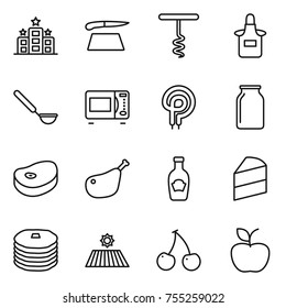 thin line icon set : hotel, cutting board, corkscrew, apron, ladle, microwave oven, elecric, bank, steake, chicken leg, ketchup, cake, pancakes, field, cherry, apple