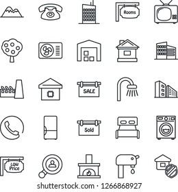 Thin Line Icon Set - house vector, water supply, fruit tree, mountains, warehouse, sale, rooms, sold signboard, low price, office building, client search, bedroom, bathroom, washer, fireplace, tv