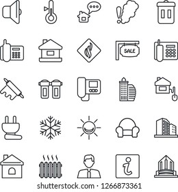 Thin Line Icon Set - house vector, office phone, sale, building, estate agent, cushioned furniture, heater, rolling pin, home control, power plug, snowflake, intercome, water filter, smoke detector