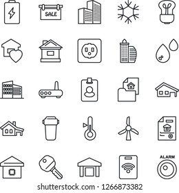 Thin Line Icon Set - house vector, warehouse, office building, with garage, estate document, sale, key, sweet home, smart, socket, router, snowflake, water, filter, thermometer, bulb, windmill