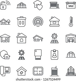 Thin Line Icon Set - house vector, greenhouse, warehouse, with garage, tree, sun panel, plan, sale, office building, sweet home, smart, city, wireless lock, intercome, thermometer, protect