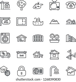 Thin Line Icon Set - house vector, with garage, tree, pond, pool, windmill, fruit, mountains, warehouse, fence, plan, sold signboard, low price, office building, lock, bathroom, washer, moving, tv