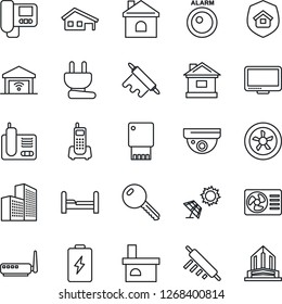 Thin Line Icon Set - house vector, fireplace, office phone, monitor, radio, building, with garage, key, bedroom, estate insurance, rolling pin, power plug, fan, router, air conditioner, intercome