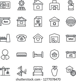 Thin Line Icon Set - house vector, real heart, sun panel, windmill, warehouse, estate document, sale, rent, low price signboard, agent, bedroom, sweet home, fireplace, air conditioner, wireless