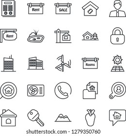Thin Line Icon Set - house vector, real heart, contract, with tree, pond, sun panel, windmill, mountains, estate document, sale, rent, rooms, office building, search, client, agent, key, lock, city