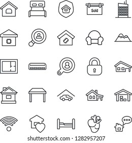 Thin Line Icon Set - house vector, real heart, with garage, mountains, warehouse, plan, sold signboard, client search, lock, bedroom, table, cushioned furniture, sweet home, air conditioner, smart