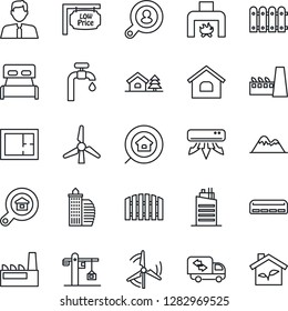 Thin Line Icon Set - house vector, with tree, windmill, water supply, mountains, fence, plan, low price signboard, office building, estate search, client, agent, bedroom, moving, fireplace, city