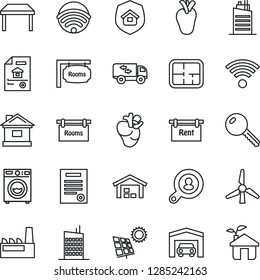 Thin Line Icon Set - house vector, real heart, contract, sun panel, windmill, garage, warehouse, plan, estate document, rent, rooms, client search, key, table, washer, moving, wireless, city, eco