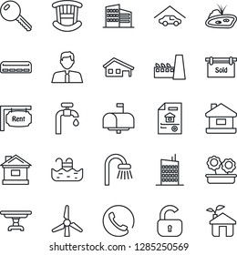 Thin Line Icon Set - house vector, with garage, pond, pool, windmill, water supply, estate document, rent, sold signboard, office building, agent, key, lock, children room, table, bathroom, city