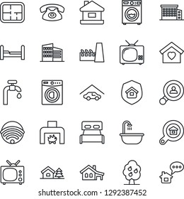 Thin Line Icon Set - house vector, with garage, tree, water supply, fruit, plan, office building, estate search, client, bedroom, bathroom, washer, sweet home, fireplace, tv, wireless, phone